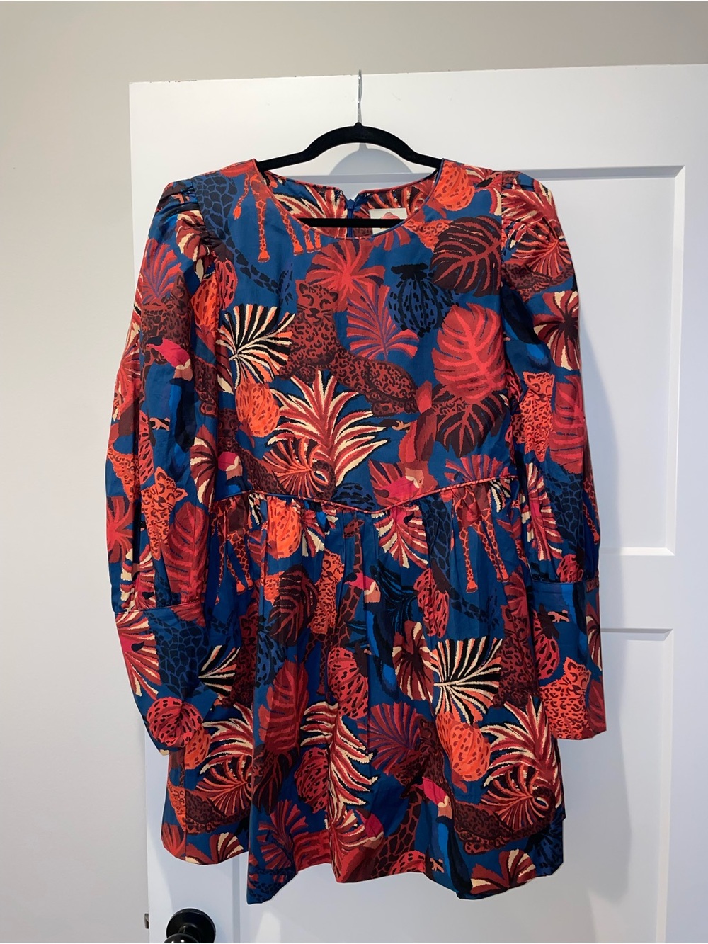 Farm Rio Floral Print Long Sleeve Dress in Blue and Red